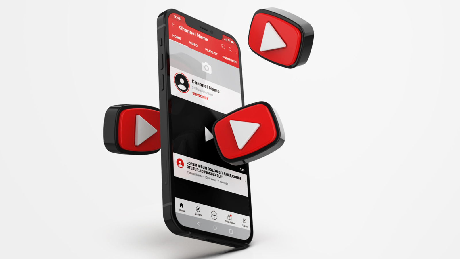 Youtube on Mobile Phone Mockup with 3d icons