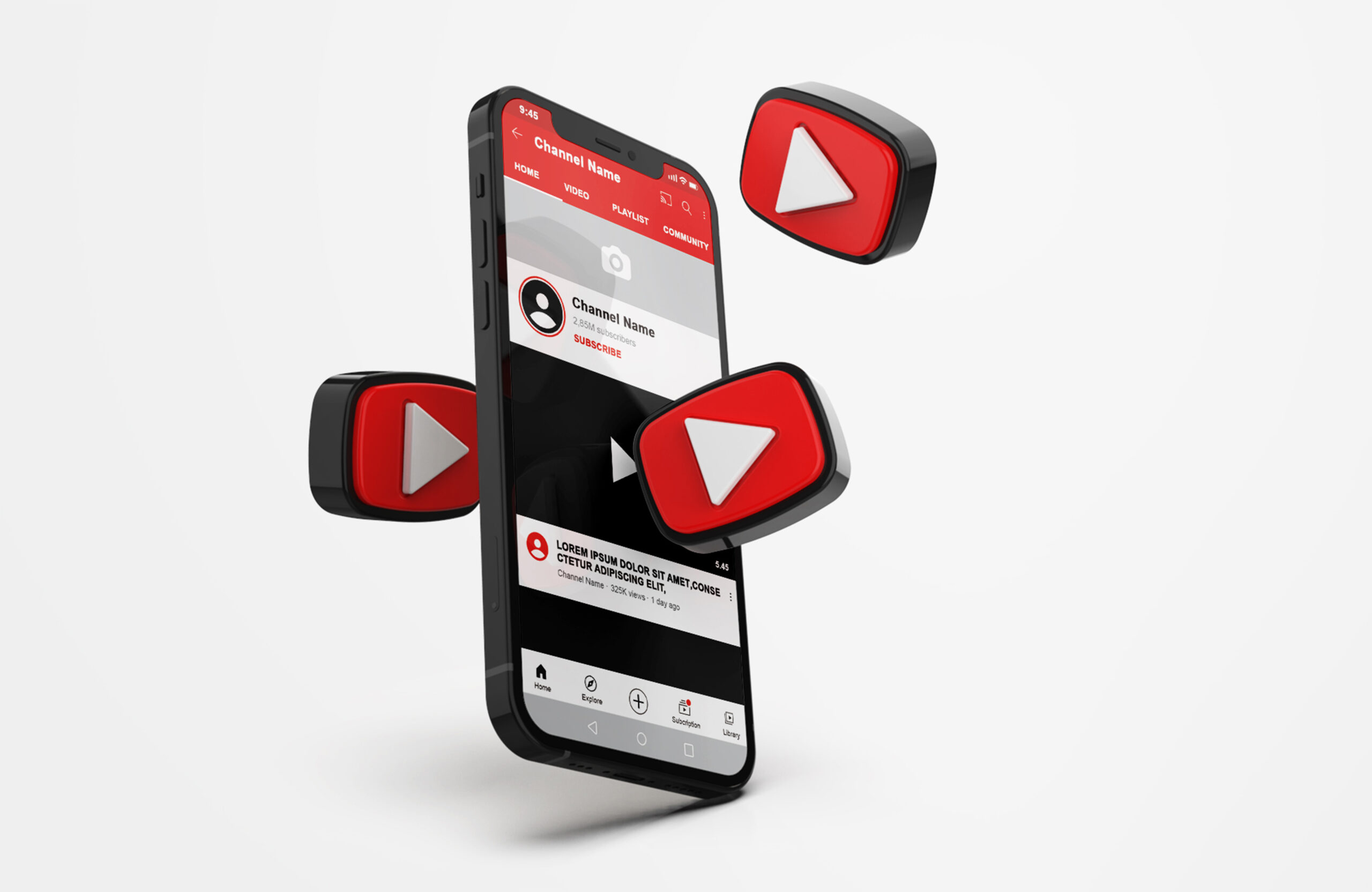 Youtube on Mobile Phone Mockup with 3d icons